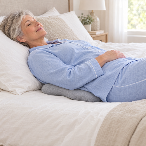 Woman lying on her back in bed with the NightCurve lumbar pillow under her lower back