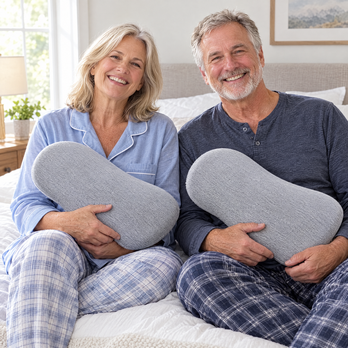 Couple each holding a NightCurve pillow