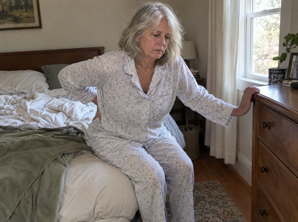 Woman sitting on the edge of her bed in the morning holding her lower back